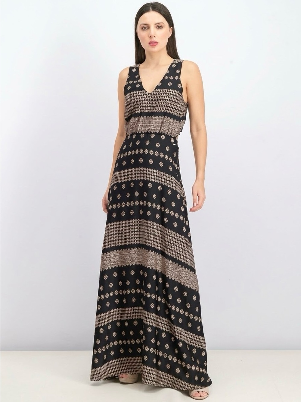AVEC LES FILLES Boho Black Printed Cutout Lace-Up Back Maxi Dress - Size Medium